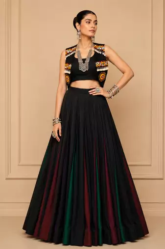 Black Gamthi Work Georgette Lehenga Set with Koti