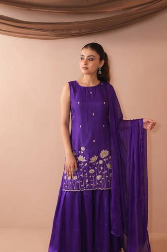 Embroidered French Crepe Straight Kurta Sharara and Dupatta Set