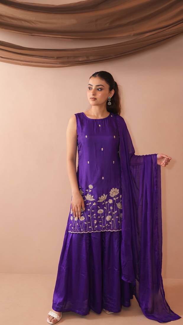 Embroidered French Crepe Straight Kurta Sharara and Dupatta Set