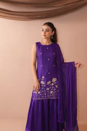 Embroidered French Crepe Straight Kurta Sharara and Dupatta Set