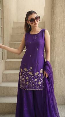 Embroidered French Crepe Straight Kurta Sharara and Dupatta Set 2