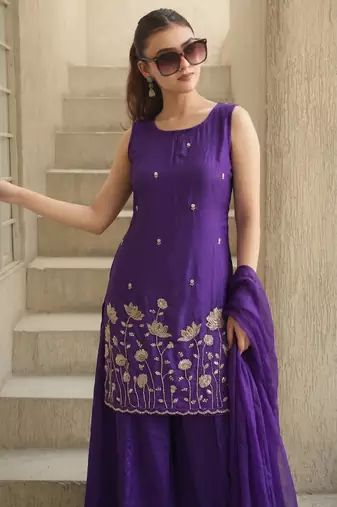 Embroidered French Crepe Straight Kurta Sharara and Dupatta Set