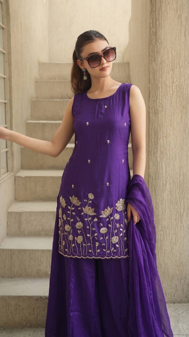 Embroidered French Crepe Straight Kurta Sharara and Dupatta Set