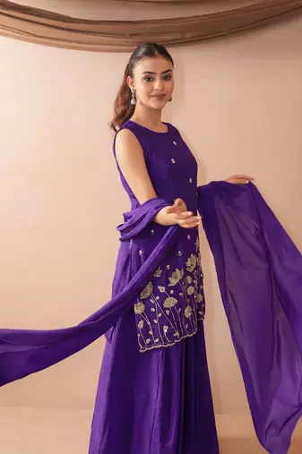 Embroidered French Crepe Straight Kurta Sharara and Dupatta Set