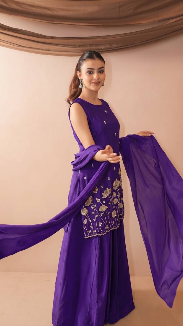 Embroidered French Crepe Straight Kurta Sharara and Dupatta Set