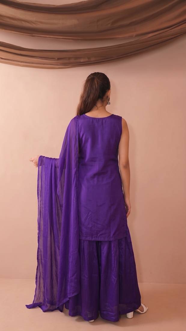Embroidered French Crepe Straight Kurta Sharara and Dupatta Set