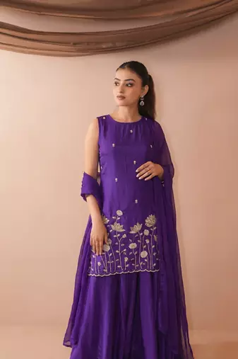 Embroidered French Crepe Straight Kurta Sharara and Dupatta Set