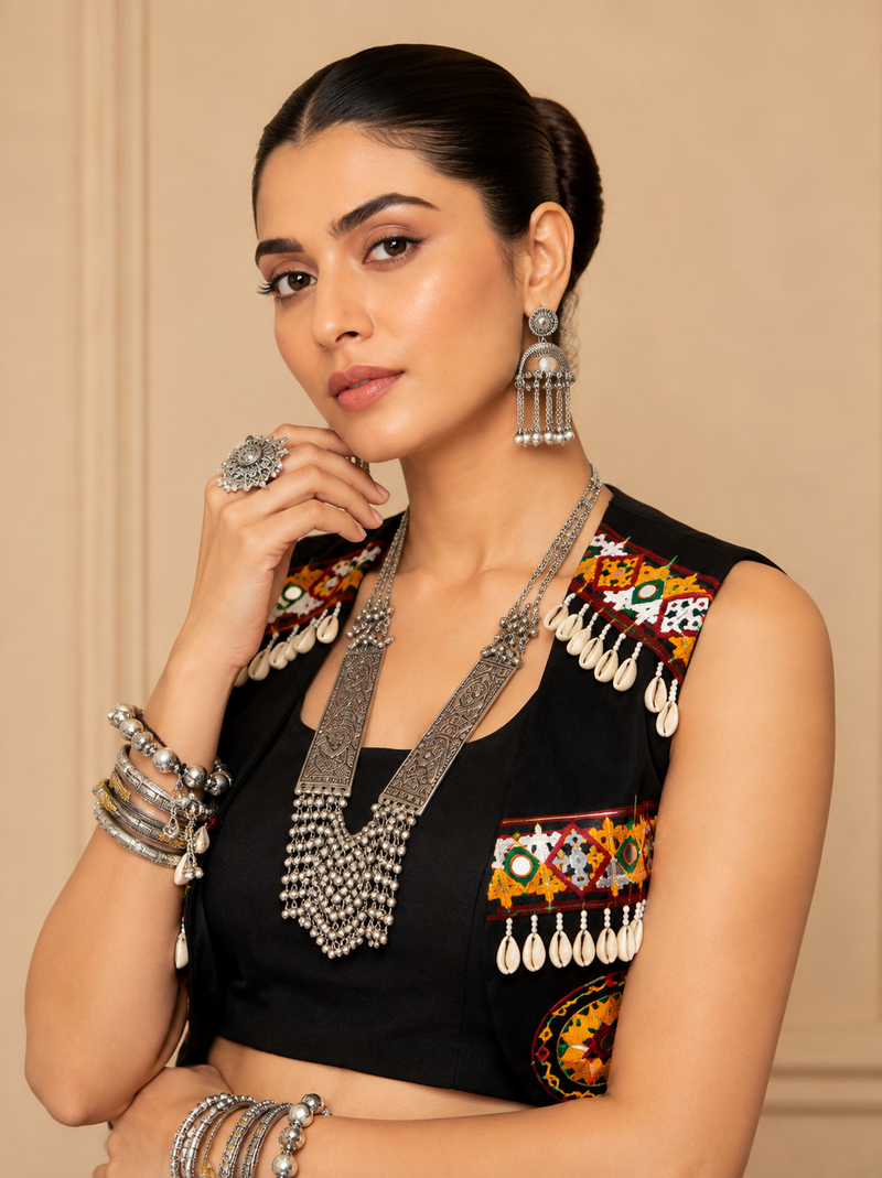 Black Gamthi Work Georgette Lehenga Set with Koti