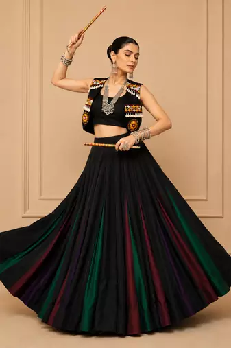 Black Gamthi Work Georgette Lehenga Set with Koti