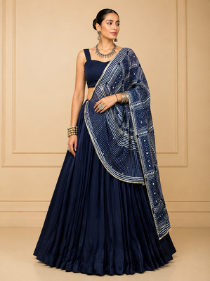 Navy Blue Moonga Silk Blend Navratri Lehenga Set with Printed Satin Dupatta 1