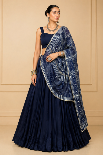navy blue moonga silk blend navratri lehenga set