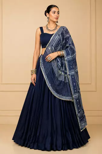 Navy Blue Moonga Silk Blend Navratri Lehenga Set with Printed Satin Dupatta