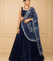 Navy Blue Moonga Silk Blend Navratri Lehenga Set with Printed Satin Dupatta