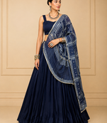 Navy Blue Moonga Silk Blend Navratri Lehenga Set with Printed Satin Dupatta