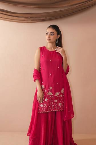 Embroidered French Crepe Straight Kurta Sharara and Dupatta Set