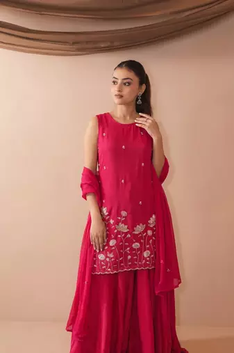 Embroidered French Crepe Straight Kurta Sharara and Dupatta Set