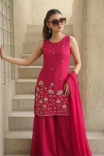 Embroidered French Crepe Straight Kurta Sharara and Dupatta Set