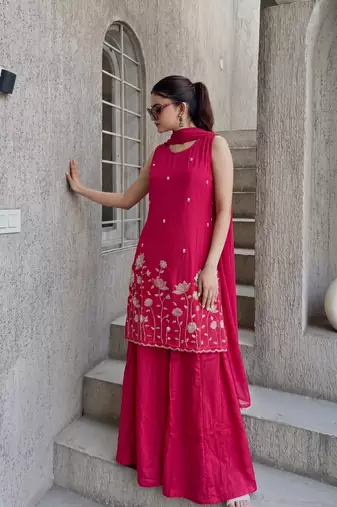 Embroidered French Crepe Straight Kurta Sharara and Dupatta Set