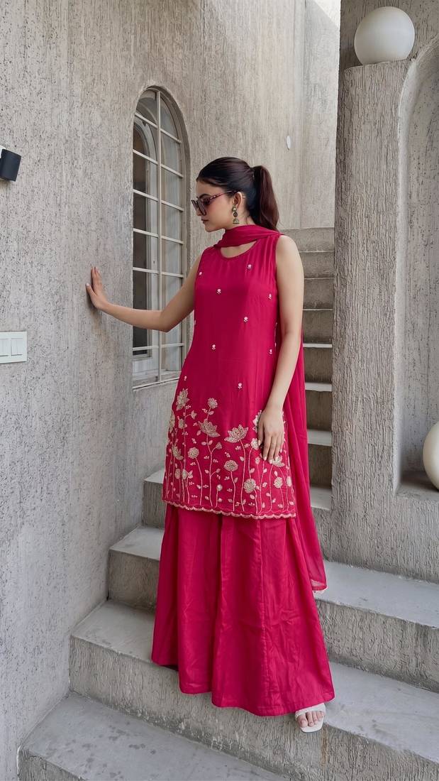 Embroidered French Crepe Straight Kurta Sharara and Dupatta Set
