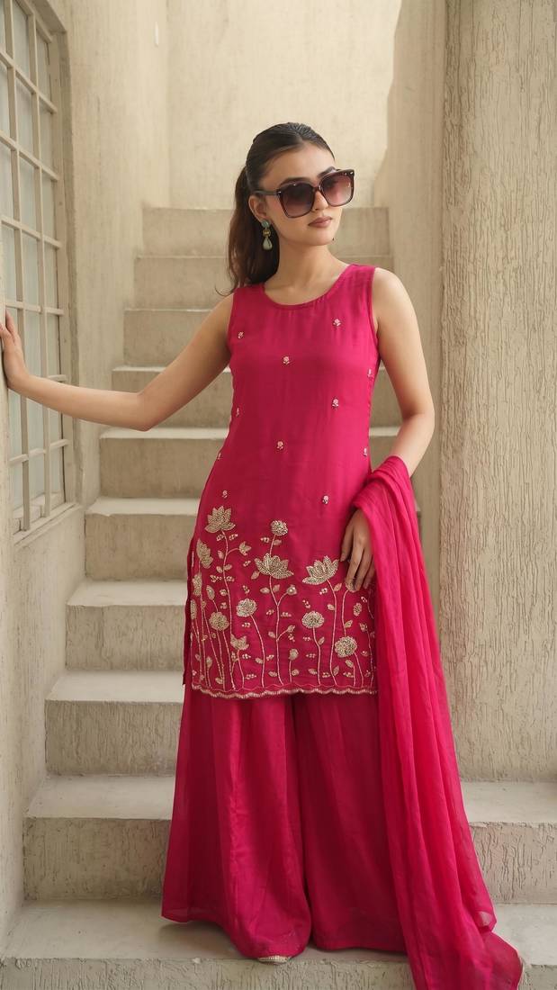 Embroidered French Crepe Straight Kurta Sharara and Dupatta Set