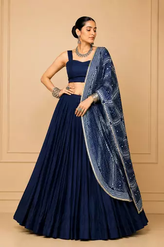 Navy Blue Moonga Silk Blend Navratri Lehenga Set with Printed Satin Dupatta
