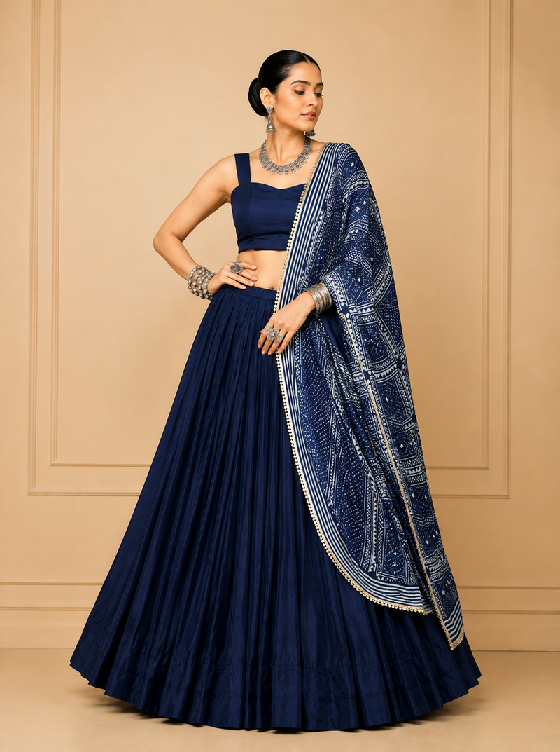 Navy Blue Moonga Silk Blend Navratri Lehenga Set with Printed Satin Dupatta