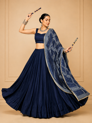 Navy Blue Moonga Silk Blend Navratri Lehenga Set with Printed Satin Dupatta 3