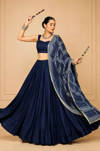 Navy Blue Moonga Silk Blend Navratri Lehenga Set with Printed Satin Dupatta