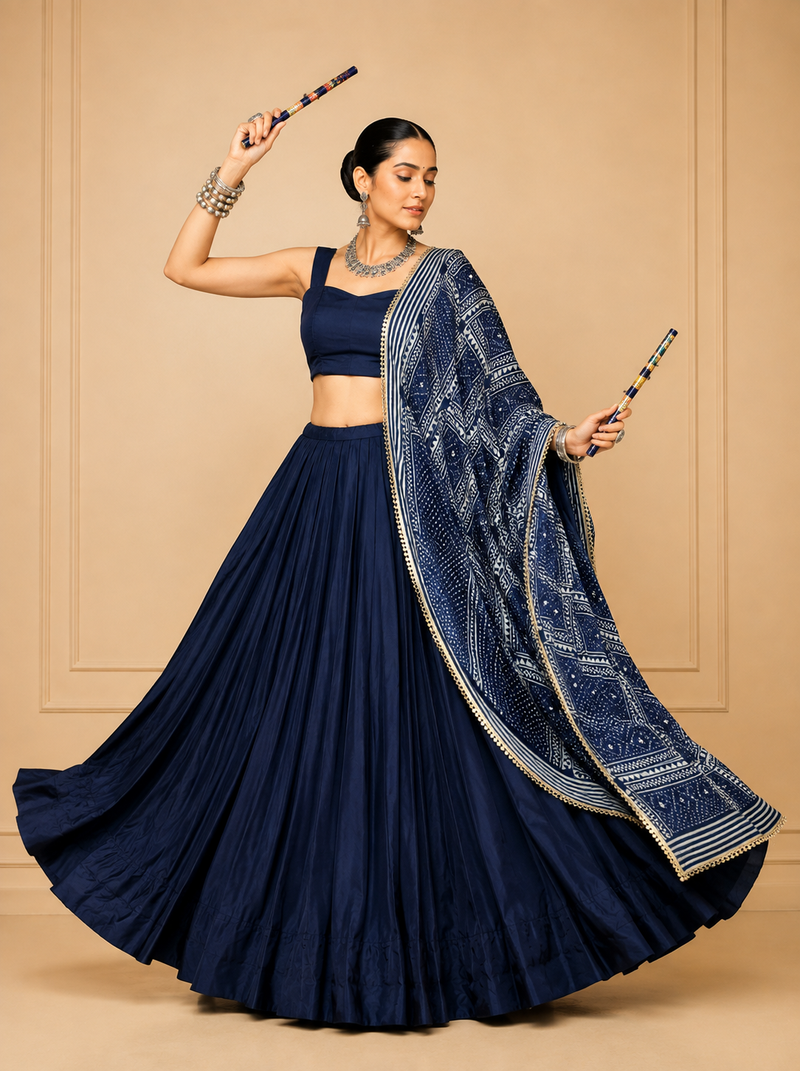Navy Blue Moonga Silk Blend Navratri Lehenga Set with Printed Satin Dupatta