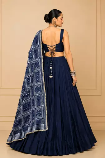Navy Blue Moonga Silk Blend Navratri Lehenga Set with Printed Satin Dupatta