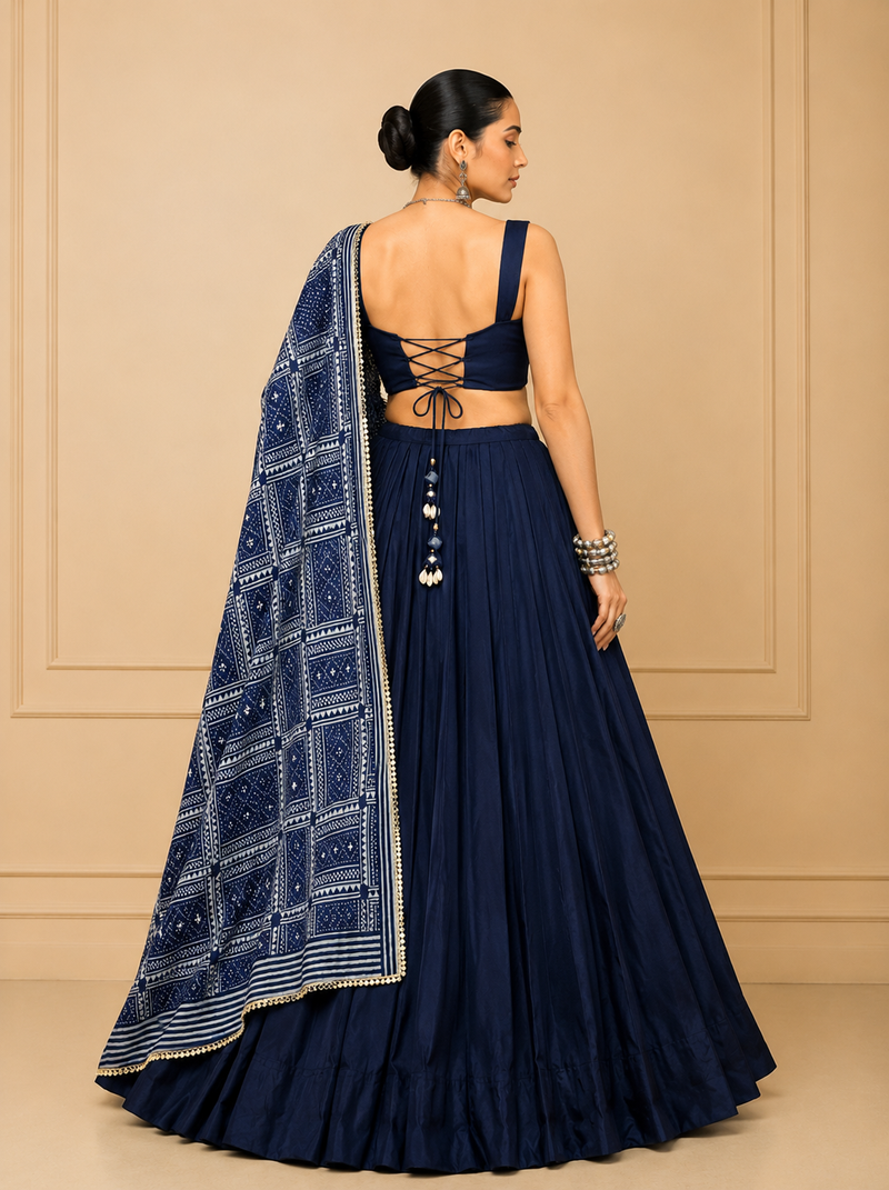 Navy Blue Moonga Silk Blend Navratri Lehenga Set with Printed Satin Dupatta