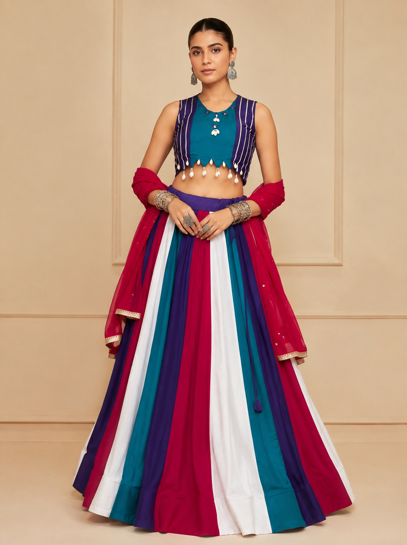 Blue Cotton Navratri Lehenga Choli with Nazmin Dupatta