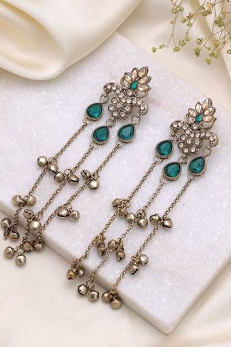 Green color long kashmiri earrings festive jewelry design