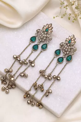 Green color long kashmiri earrings festive jewelry design
