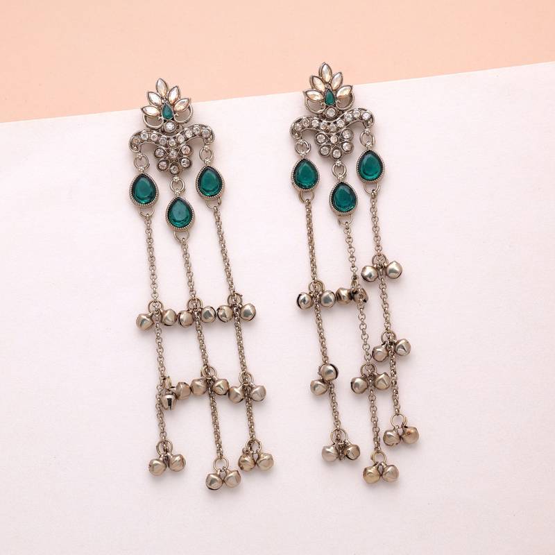 Green color long kashmiri earrings festive jewelry design