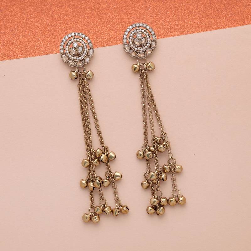 Gold color long kashmiri earrings royal ethnic jewelry style