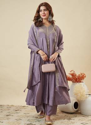 Women's Gorgeous Embroidery Work Vichitra Silk Fabric Flared Kurta Pant and Dupatta Set 1