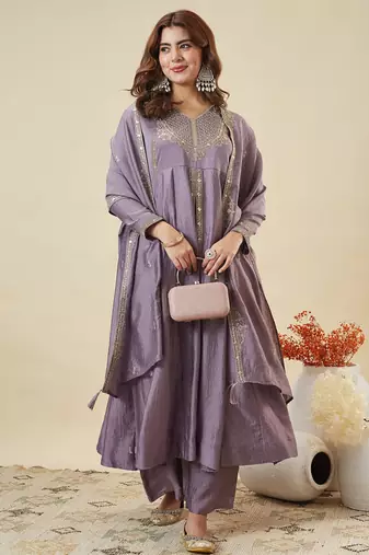 Women's Gorgeous Embroidery Work Vichitra Silk Fabric Flared Kurta Pant and Dupatta Set