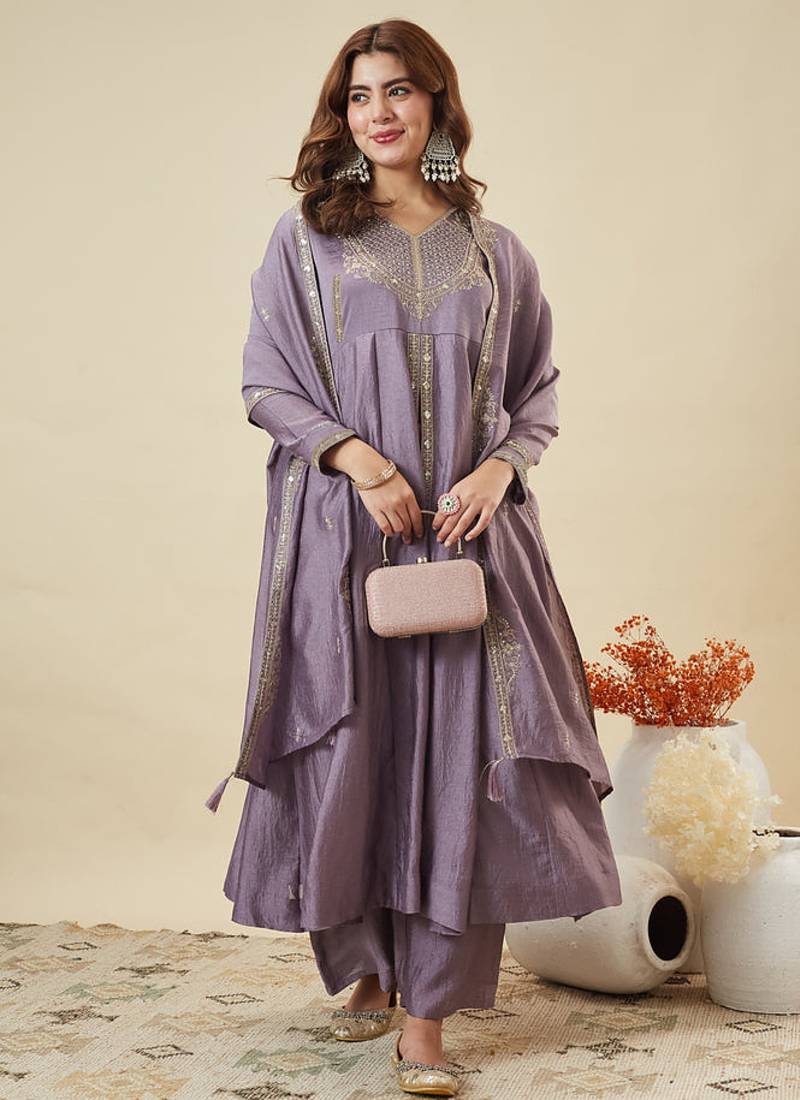 Women's Gorgeous Embroidery Work Vichitra Silk Fabric Flared Kurta Pant and Dupatta Set