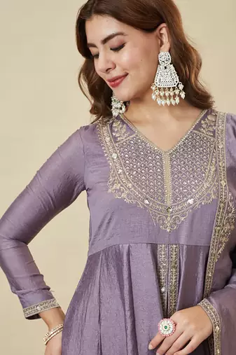 Women's Gorgeous Embroidery Work Vichitra Silk Fabric Flared Kurta Pant and Dupatta Set
