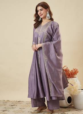 Women's Gorgeous Embroidery Work Vichitra Silk Fabric Flared Kurta Pant and Dupatta Set 3