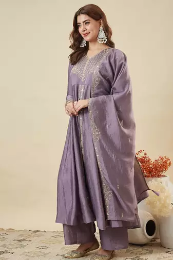 Women's Gorgeous Embroidery Work Vichitra Silk Fabric Flared Kurta Pant and Dupatta Set