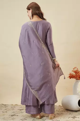 Women's Gorgeous Embroidery Work Vichitra Silk Fabric Flared Kurta Pant and Dupatta Set