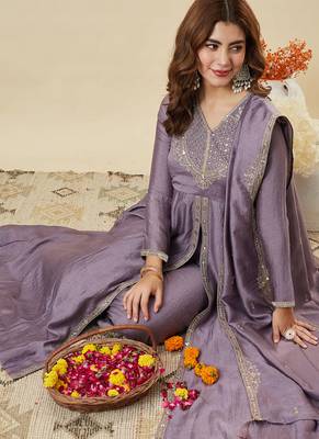 Women's Gorgeous Embroidery Work Vichitra Silk Fabric Flared Kurta Pant and Dupatta Set 5
