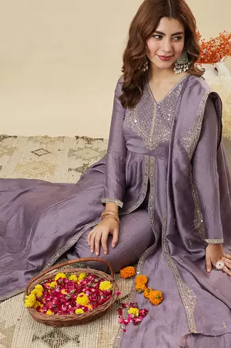 Women's Gorgeous Embroidery Work Vichitra Silk Fabric Flared Kurta Pant and Dupatta Set