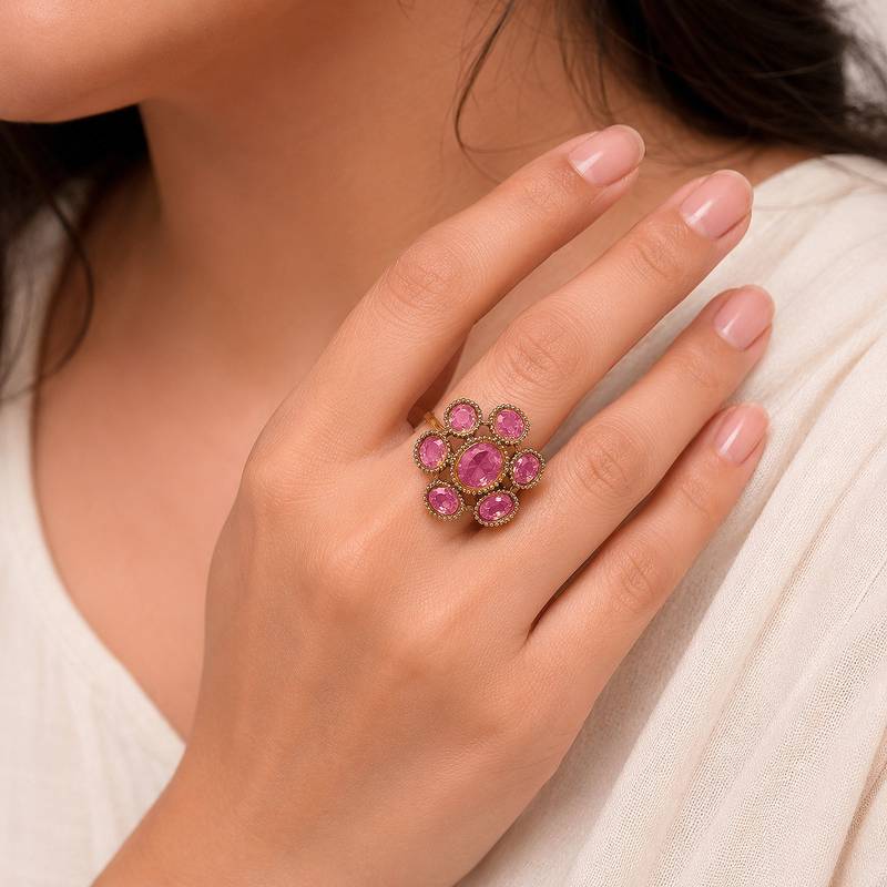 Pink color american diamond ring sparkling designer style
