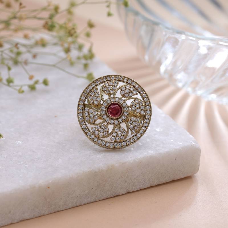 Pink color american diamond ring luxury crystal finish