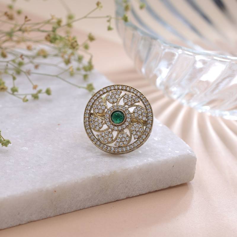 Green color american diamond ring sparkling jewelry style