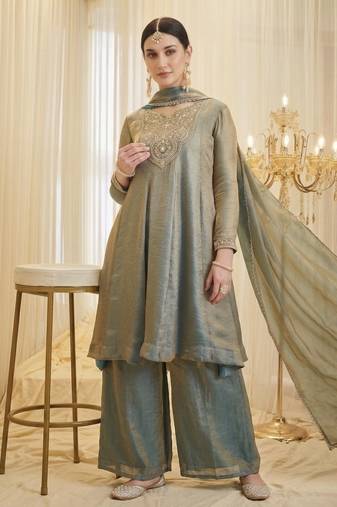 Embroidered Silk Flared Kurta Palazzo and Dupatta Set