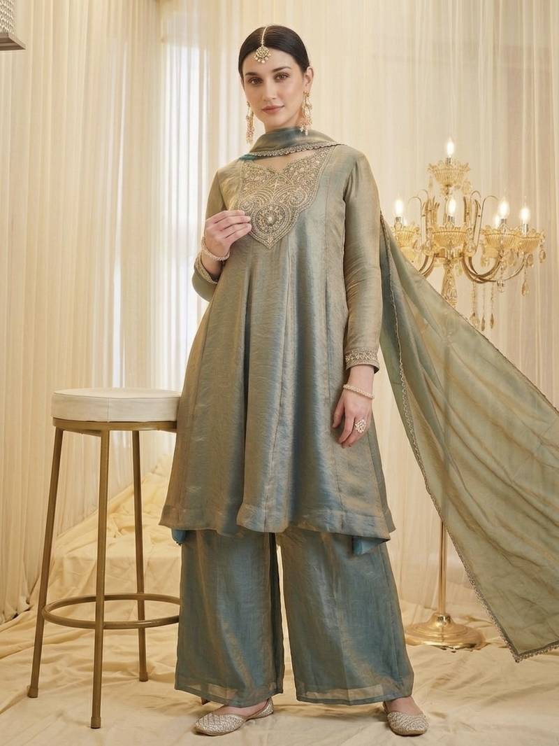 Embroidered Silk Flared Kurta Palazzo and Dupatta Set